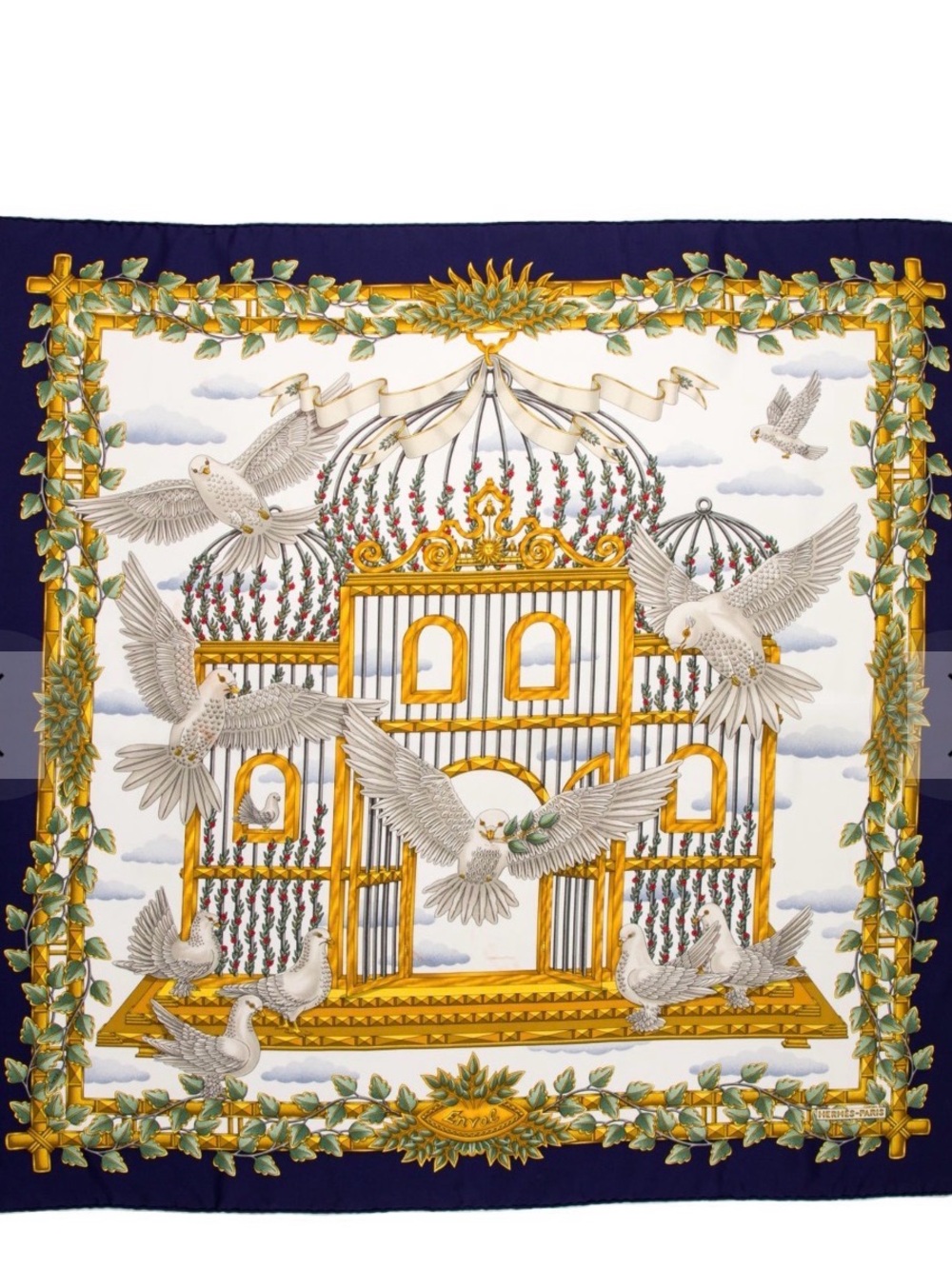 Hermes Navy, White & Gold Dove and Cage Silk Scarf